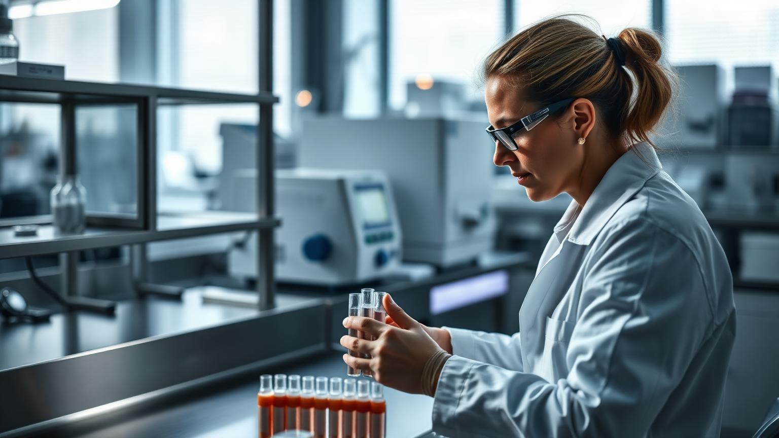 Laboratory technician preparing sample vials at an analytical bench